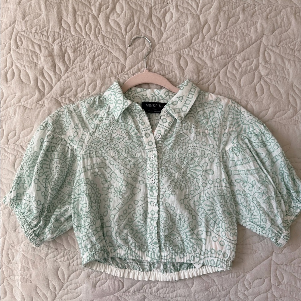 MINKPINK Mint Green Patterned Cropped Button-Down Top